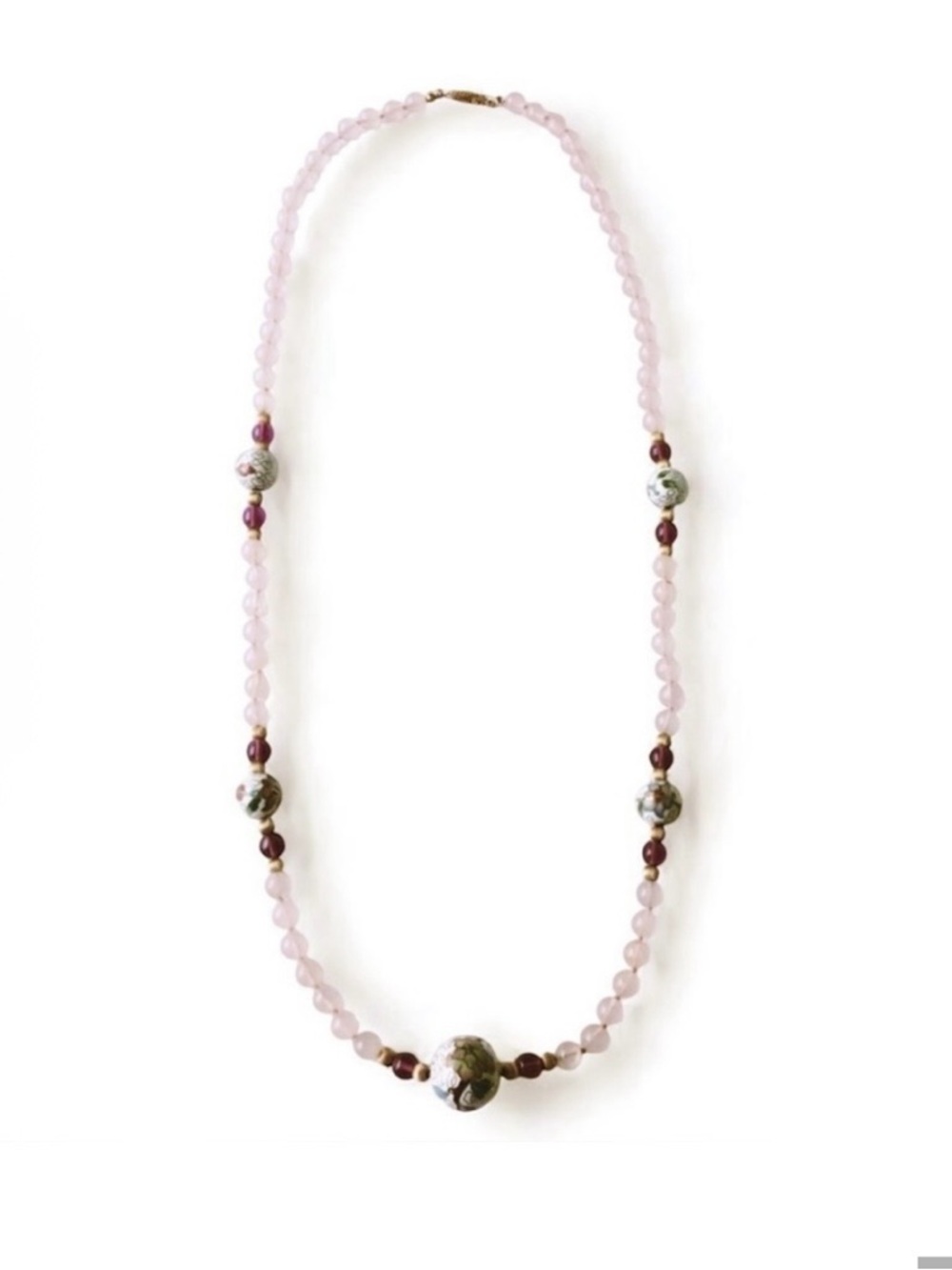 Vintage Rose Quartz, Glass & Chinese Export Cloisonné Beaded Necklace - Picture 6 of 7
